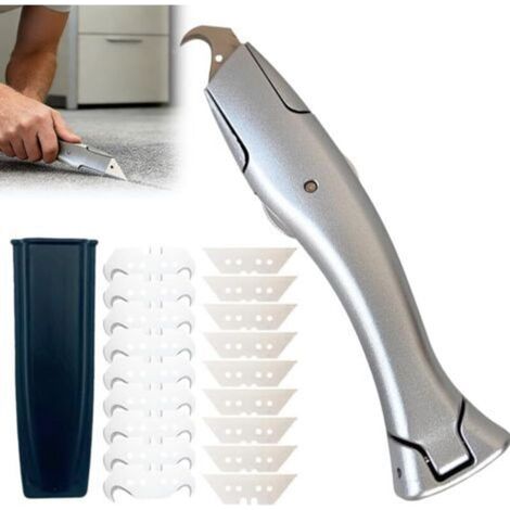 Cutter Professionnel, Cutter pour Moquette avec 10Lame Trapézoïdale et 10 Petite Lame à Crochet,Couteau de Pro pour Moquette,Ensemble de Couteaux à Crochet,pour la Découpe de Revêtements de Sol en PVC (1/5)