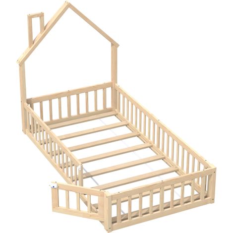 Cama casita infantil 90 x 200 cm en pino y MDF con barrera, natural (1/5)