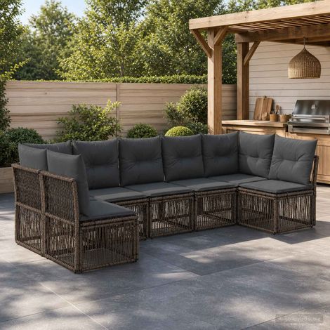 Salon de jardin 7 places en polyrotin gris, canapé modulable avec coussins - PANGIVO (1/5)