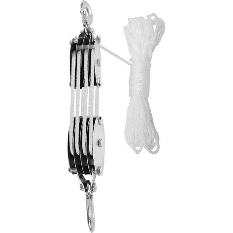 Système de poulies avec palan, poulie à roue en acier avec roulement pour camping, chasse, navigation de plaisance et levage (bricolage), 4 roues, 20 m, corde blanche, forme crochet (1/5)