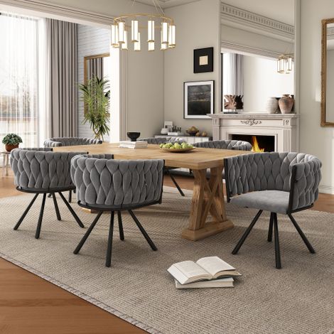 Ensemble de 6 chaises de salle à manger en velours, fauteuil pivotant de luxe à une lumière pour salon/chambre, fauteuil pivotant de détente avec quatre pieds de support en métal, gris