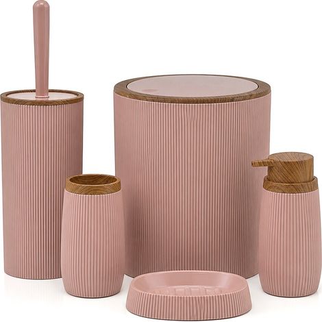 Set accessori bagno rosa cipria cannettato con finitura effetto legno 5 pezzi Blob (1/5)