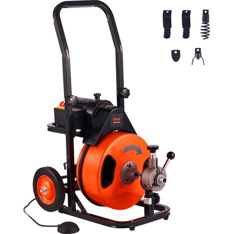 VEVOR Deboucheur Electrique de Canalisation 23 m x 9,5 mm Machine de Nettoyage de Tuyaux Alimentation Auto Nettoyeur Tubes Pro 4 Coupeurs Commande a Pied pour Tuyaux 50-100 mm WC Egouts Toilettes