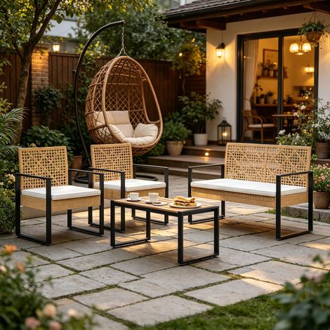 Salon de jardin 4 places modulable avec table basse, résine tressée et métal, bois naturel