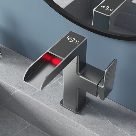 LEDANDER Robinet de salle de bain avec affichage LED de la température, robinet mitigeur monocommande effet cascade pour lavabo,mitigeur haute pressio-girs