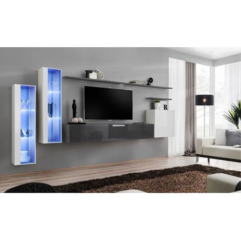 Ensemble mural - Switch XI - 2 vitrines LED - 1 banc TV - 1 vitrine carrée - 3 étagères - Blanc et graphite - Modèle 1 - Livraison gratuite
