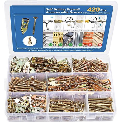 Lot de 420 chevilles et vis de fixation pour plaques de plâtre pour panneaux et plafonds - Perçage d'ancrages secs et de vis (1/5)