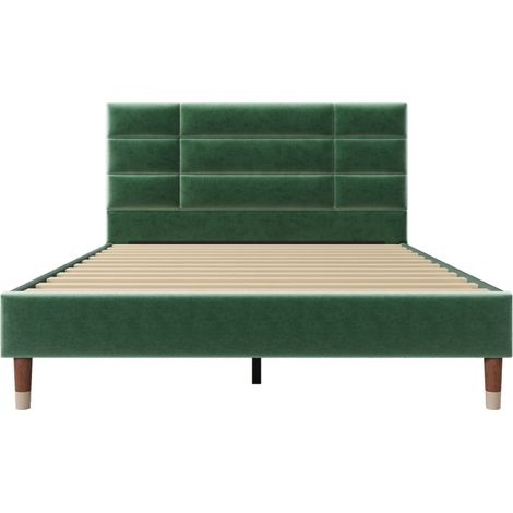 Cama doble tapizada 140 x 200 cm de terciopelo verde con cabecero y somier de láminas (1/5)