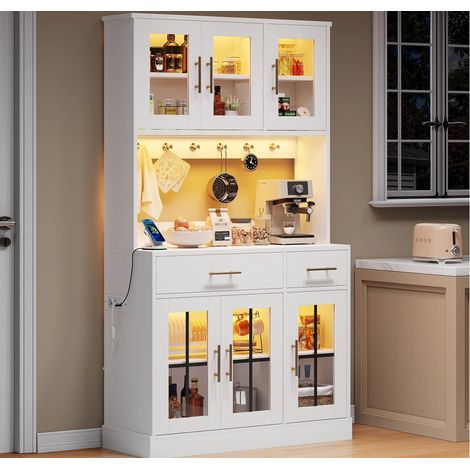 Modernluxe - Buffet de cuisine 105x40x180cm avec LED et prise, 2 tiroirs et 6 portes - blanc (1/4)