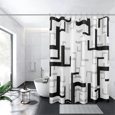 Rideau de douche géométrique noir et gris 183 x 183 cm avec crochets, déperlant, lavable en machine (1/5)