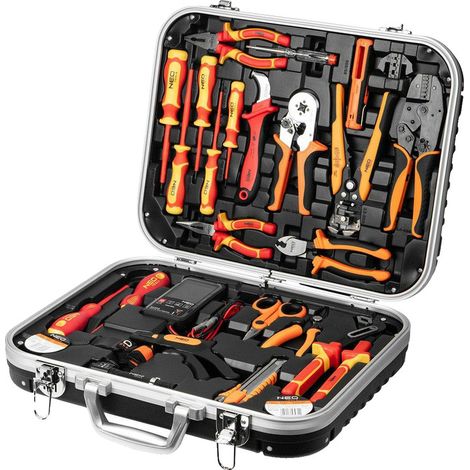 Coffret multi-outils électricien – Kit complet avec pinces, tournevis, multimètre numérique – Mallette plastique robuste avec coins anti-chocs