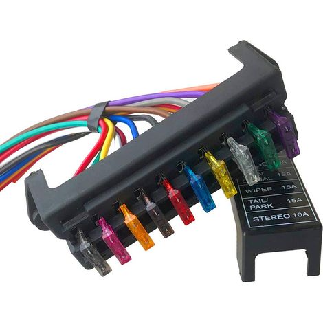 10 Way Fuse Box with Cables, Universal Standard Blade Fuse Holder, Car Fuse Block, with 10 Standard Blade Fuses (12V/24V/32V/48V) (1/5)