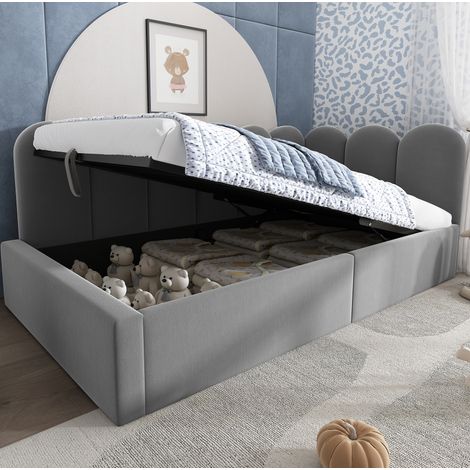 MODFU – Cama tipo banco infantil 90x190 cm de terciopelo con arcón hidráulico, somier de metal, laterales intercambiables y film EVA – Gris (1/5)