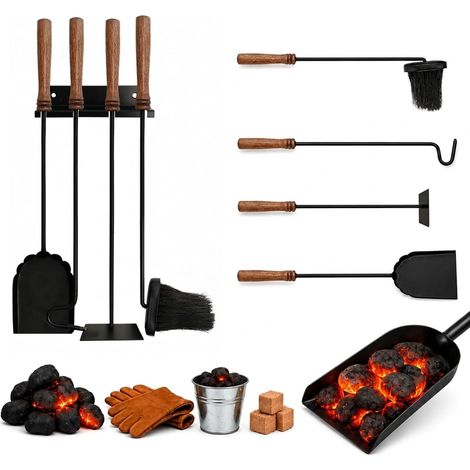 Ensemble d'outils de cheminée, 5 pièces, tisonnier, pelle, balayette, grattoir, support mural, noir/marron (1/5)