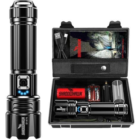 Ultrahelle LED-Taschenlampe, 500000 Lumen, wiederaufladbare Taschenlampe, taktische Lampe XHP70.2, IP67 wasserdicht, 5 Beleuchtungsmodi für Camping, Wandern, Notfälle (mit Batterie) (1/5)
