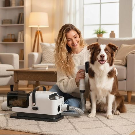 Tosatrice per cani con aspirapolvere, kit toelettatura 5 in 1, 600 W, bianca (1/3)