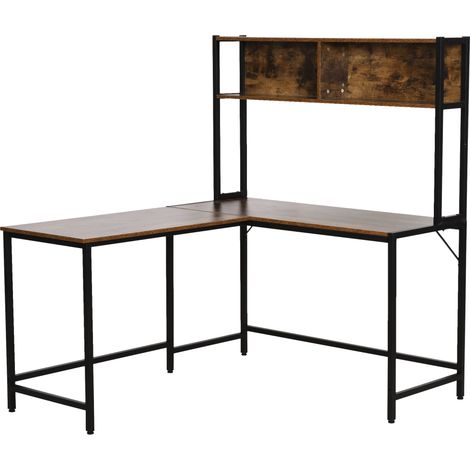 L Shaped Desk  Book Shelf, Industrial Corner Computer Desk, Writing Table  Steel Frame for Home Office, Bedroom, Study Room, 140 x 125cm, Brown (1/5)