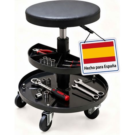 Relaxdays taburete de taller, ajustable en altura, bandeja, 5 ruedas, 42-56x38 cm, metal, negro (1/5)