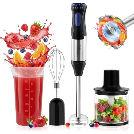Mixeur Plongeant 4-en-1, 1000W Mixeur Plongeur en Acier Inoxydable, 5 Vitesses Réglables et Mode Turbo, avec Fouet, Hachoir 500ml (1/5)
