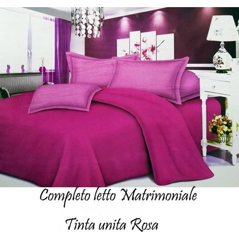 TRADE SHOP - Completo Letto Lenzuola Matrimoniale Con Copri Cuscini Tinta Unita Colore Rosa -