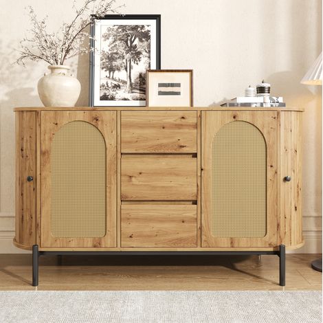 Buffet 140x38x77.5 cm naturel en MDF avec portes en rotin, 3 tiroirs et étagères réglables (1/5)