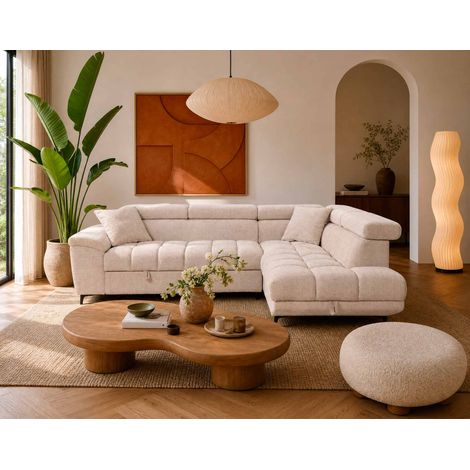 Bestmobilier – Canapé d'angle droit 5 places convertible – Têtières intégrées – Coffre de rangement – Velours texturé beige