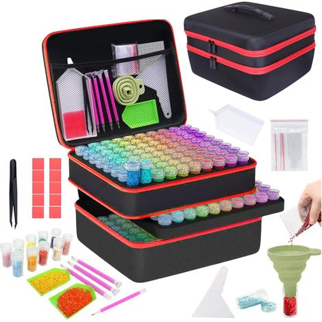 Aufbewahrungsbox für Diamantmalerei, Aufbewahrungsbox für Diamantmalerei, 240 kleine Fläschchen, Box, Trichter, Aufkleber und weiteres Zubehör für Diamantmalerei und Aufbewahrung (Rot) (1/5)
