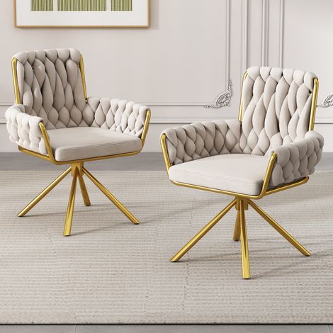 Chaise pivotante en velours avec accoudoirs - pieds en métal doré - Beige - 2 pièces (1/5)