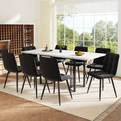 Essgruppe, 9-teilig, ausziehbarer Esstisch 140x80 cm für 8 Personen, rechteckiger Metallrahmen, 8 Esszimmerstühle aus schwarzem Samt