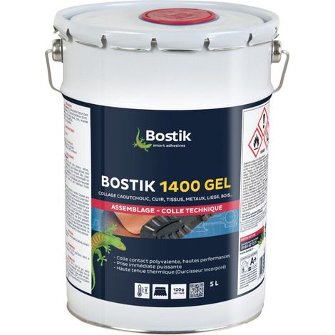 Bostik 1400 Colle Contact Gel Multi-Usages – Prise Immédiate Puissante – Durcisseur Incorporé – Couleur : Ambré – Bidon de 5L