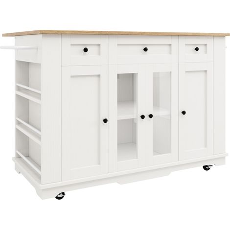 Isola cucina bianca con piano effetto legno, ante in vetro e tavolo pieghevole HOMVRA (1/5)
