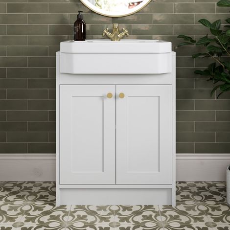 620mm Bathroom Vanity Unit Semi-Recessed Basin Freestanding, 1 Tap Hole, Traditional, Brass Handles, White (1/5)
