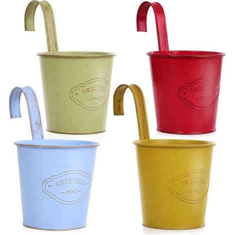 ZOLGINAH Set di 4 vasi da fiori in metallo da appendere con foro di drenaggio, vasi colorati in metallo con gancio rimovibile, stile vintage per decorare balconi, giardini, muri e recinzioni. (1/4)
