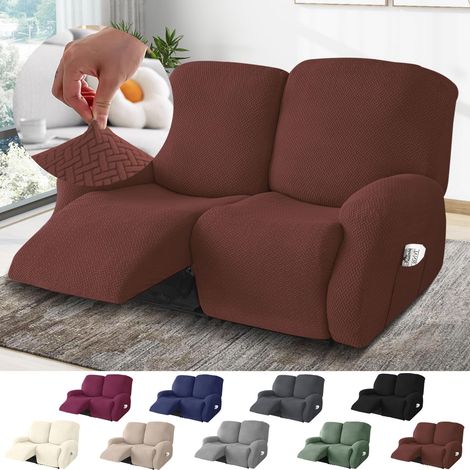 2-Sitzer Sessel Überzug, Sesselbezuge Stretch mit Taschen, All-Inclusive Streifen-Jacquard Sesselschoner für Fernsehsessel Relaxsessel Sesselhusse (Dunkelbraun, 6-Teilig)