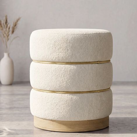 Wahson Pouf Poggiapiedi in Bouclé con Struttura in Legno, Pouf Rotondo Imbottitura in Spugna per camera da letto/ingresso/soggiorno, Bianco (1/5)