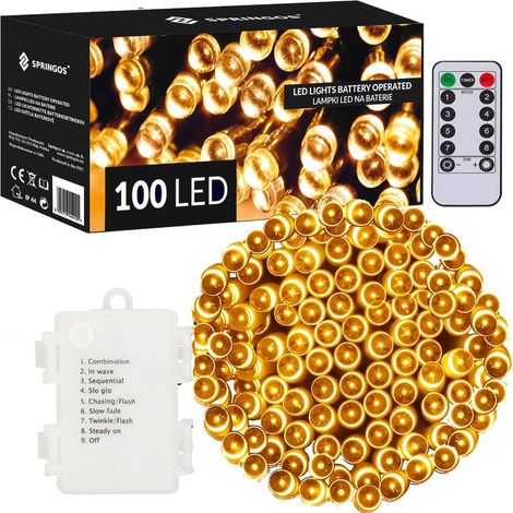 Guirlandes lumineuses 100 LED à piles blanc chaud avec télécommande (1/5)