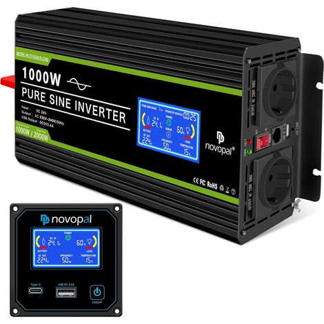 Convertisseur Pur Sinus 1000W Onduleur 24V 220V Transformateur 5m Télécommande avec codes d'erreur,2 EU Prises et écran LCD,pour Voiture, Caravane, Bateau, Camping,Voyage (1/5)