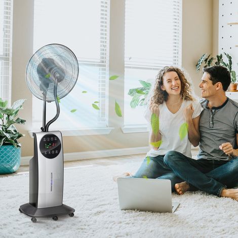 Ventilateur brumisateur 90 W, 3 modes 3 vitesses, télécommande, minuterie 12H, oscillation 70°, gris et noir