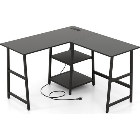 Scrivania angolare da 120cm con prese di corrente e porte USB ripiani per lavoro, Scrivania a L per ufficio Nero (1/4)