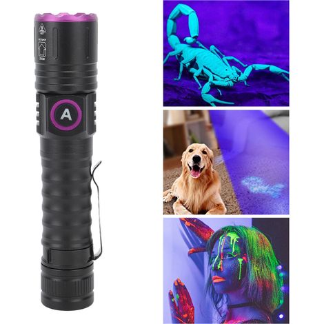 Lampe torche UV 395 nm, lampe torche de poche portable, lampe torche de détection pour l'urine d'animaux, les taches, les pierres, l'argent et le durcissement de la résine. (1/5)