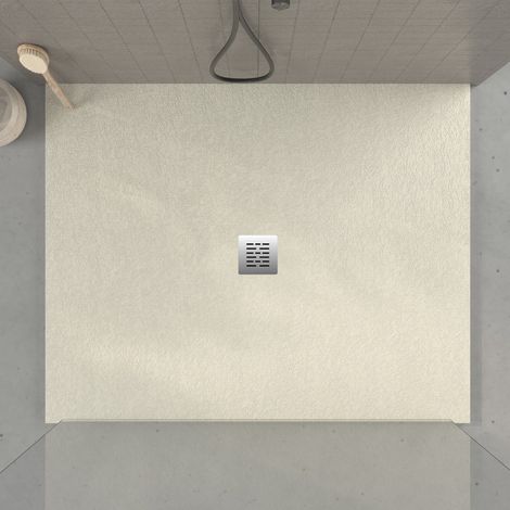 Receveur de douche 120x130 cm extra plat en résine minérale CENTRO surface ardoisée sable Grille inox (1/5)