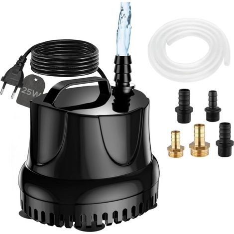 Pompe à Eau Submersible 25W, 1500 L/H Pompe à Eau Ultra Silencieuse Pompe de Bassin Submersible pour Bassin, Fontaine de Jardin Aquarium avec 5 Buses 1.5M Tuyau Flexible Transparent