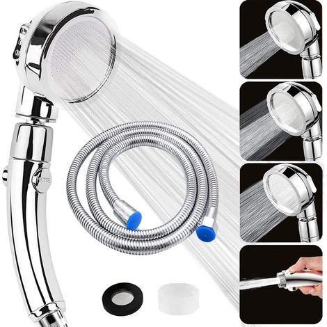 Pommeau de Douche avec Tuyau 2M, Pommeau Douche Haute Pression Economie d'eau avec 3 Types de Jet, Douchette Douche Salle de Bain Anti Calcaire, Pomme de Doucheavec Fonction D'arrêt (Chromés) (1/5)