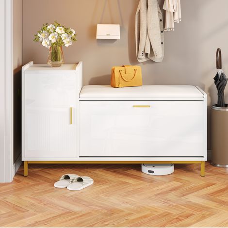 Panca portascarpe 100x38x68 cm in legno e metallo bianco e oro, con contenitore FloraGrace (1/5)