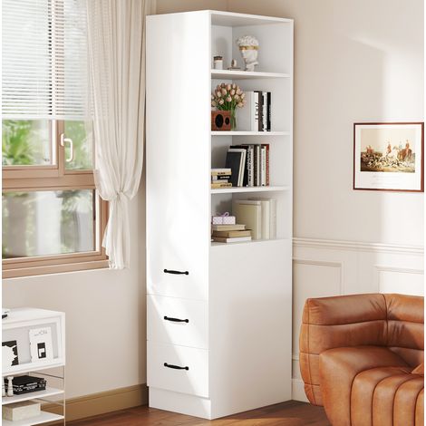 Bibliothèque haute étroite 180 cm avec 3 tiroirs latéraux et étagères réglables, blanche OKWISH (1/5)