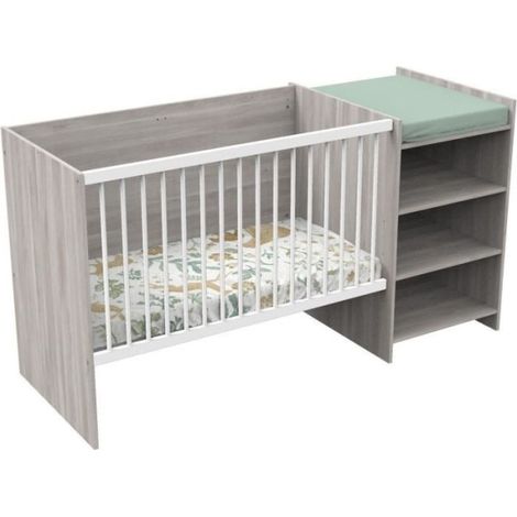 Lit bébé combiné - 120x60cm - Evolutif en 90x190cm - Babyprice Up - Chene silex - Avec commode a langer étagere (1/4)