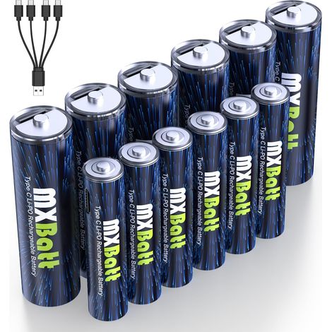 6 Piles Rechargeables AA et AAA Lithium, USB-C, 1,5V, 3400/1200mWh  Pour télécommandes, horloges murales, réveils, stations météo, thermomètres hygromètres, lampes torches, bougies LED (1/5)