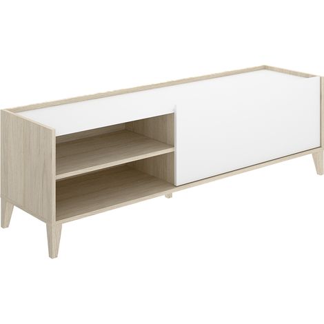 Meuble TV bas avec 1 porte abattante et 2 compartiments ouverts, coloris naturel/blanc - Hauteur 49 x Longueur 155 x Profondeur 43 cm (1/5)
