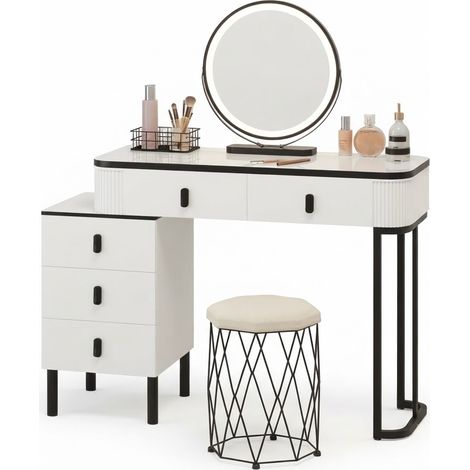 ELVMI Coiffeuse avec 5 Tiroirs, Miroir LED Réglable et Tabouret, Bois et MDF, Blanc Noir, 125 x 40 x 100 cm (1/5)
