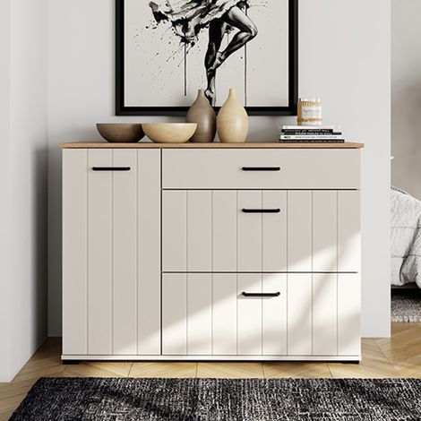 Aparador Paro, Alacena 2 Estantes, 3 Cajones, Una Puerta, 117x40x86h cm Blanco Crema (1/5)